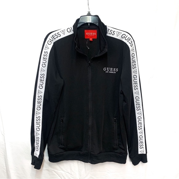 Men’s Guess Logo Tape Black Zip Up Jacket - Picture 1 of 5